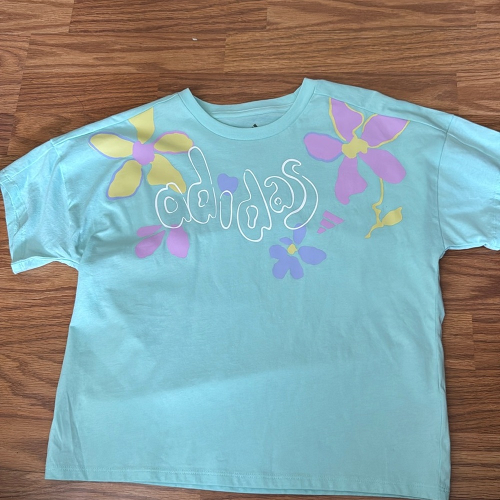 Adidas Girls Loose Fit Aqua T-Shirt With Floral Design 100% Cotton Size M 10/12